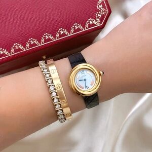 AUTHENTIC RARE VINTAGE CARTIER TRINITY WATCH - BLACK LEATHER STRAP - WITH BOX